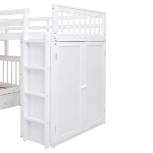 Merax L-Shaped Triple Bunk Bed with Desk & Stairs, Twin & Twin Over Full Bunk Bed for 3, Storage Drawers and Wardrobe Included, for Adults, Boys & Girls, White