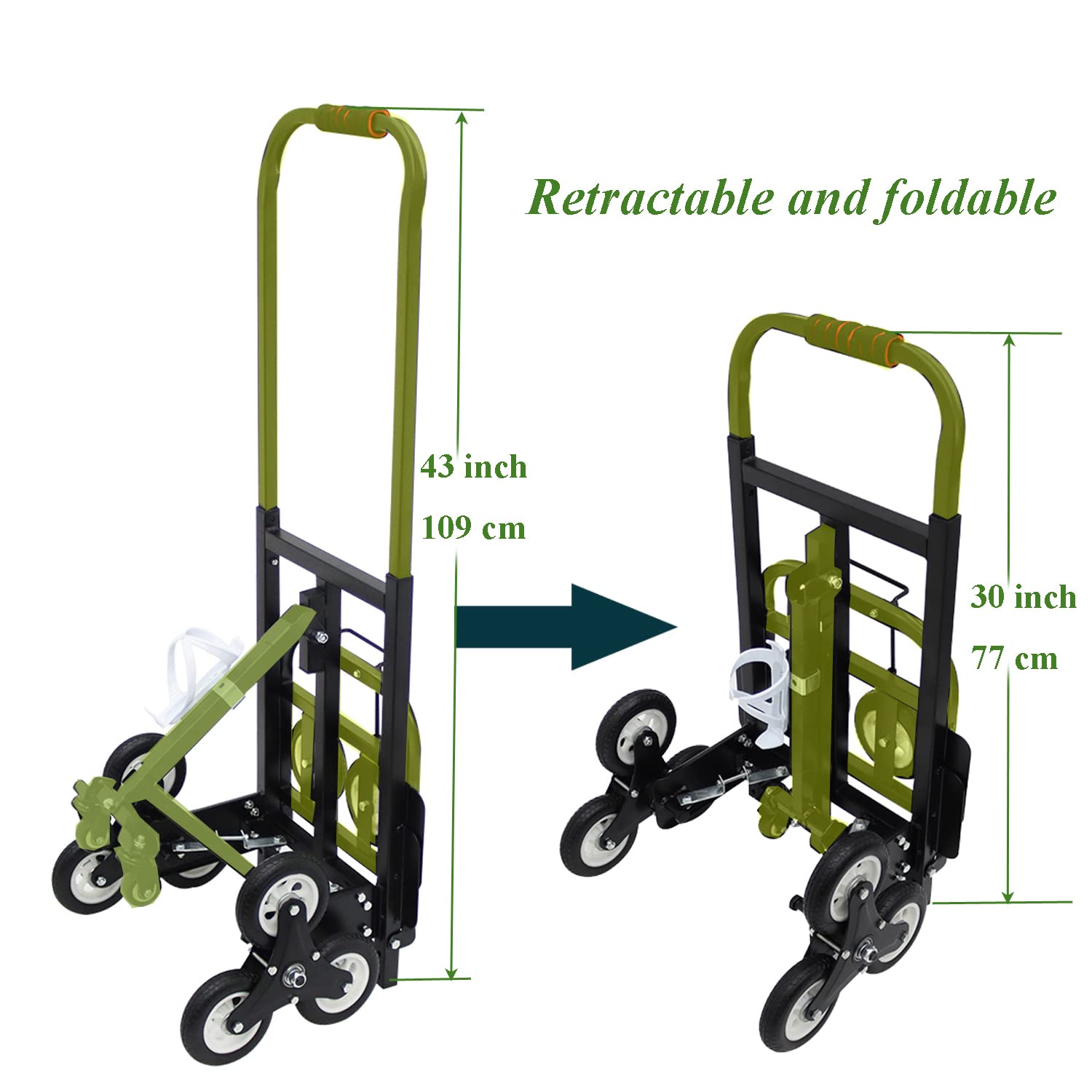 PreAsion Heavy Duty Stair Climber Hand Trucks Portable Folding Stair Climbing Dolly, 420 LBS Capacity Handcart Luggage Cart with 6 Wheels and 2 Backup Wheels Black-with 2 Casters