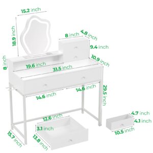 GreenForest White Vanity Desk with LED Lighted Mirror, 31 inch Makeup Vanity with 2 Drawers and Storage Shelves, Small Dressing Table for Women Girl Bedroom, Silver Grey