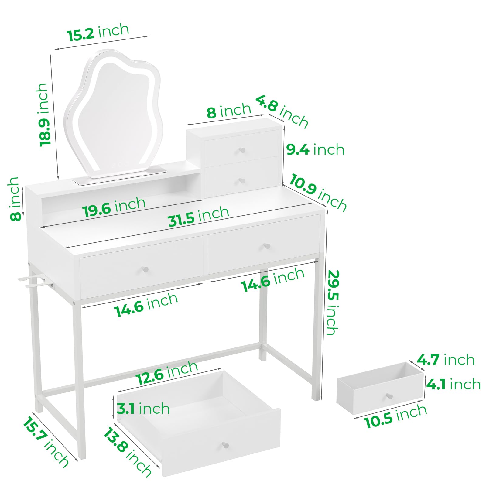 GreenForest White Vanity Desk with LED Lighted Mirror, 31 inch Makeup Vanity with 2 Drawers and Storage Shelves, Small Dressing Table for Women Girl Bedroom, Silver Grey