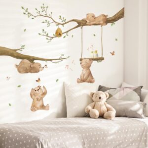 runtoo bear wall stickers woodland animal tree branch wall decals for kids bedroom baby nursery home decor