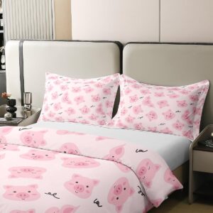 Pink Pig 100% Nature Cotton Bedding Set Twin Size Cute Pigs Duvet Cover with 1 Pillow Sham Kawaii Farm Animal Comforter Cover Set Decorative 2 Pcs