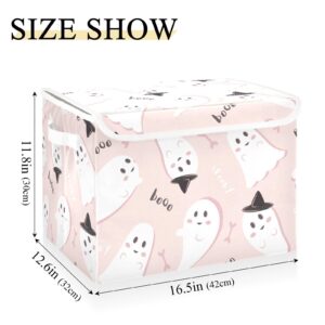 VIGTRO Cute Spooky Ghost Storage Bins with Lids Foldable Storage Boxes with 2 Handles, Pink Boo Halloween Decorative Storage Basket Collapsible for Clothes Books