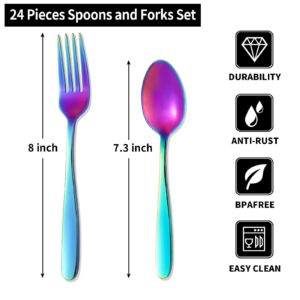 24-piece Rainbow Forks and Spoons Silverware Set, Food Grade Stainless Steel Flatware Cutlery Set for Home, Kitchen and Restaurant, Spoons and Forks Set, Rainbow Dinner forks Mirror Polished (Rainbow)