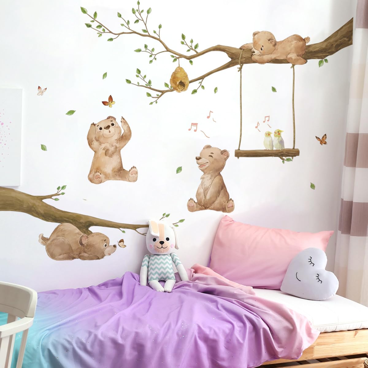 Runtoo Bear Wall Stickers Woodland Animal Tree Branch Wall Decals for Kids Bedroom Baby Nursery Home Decor