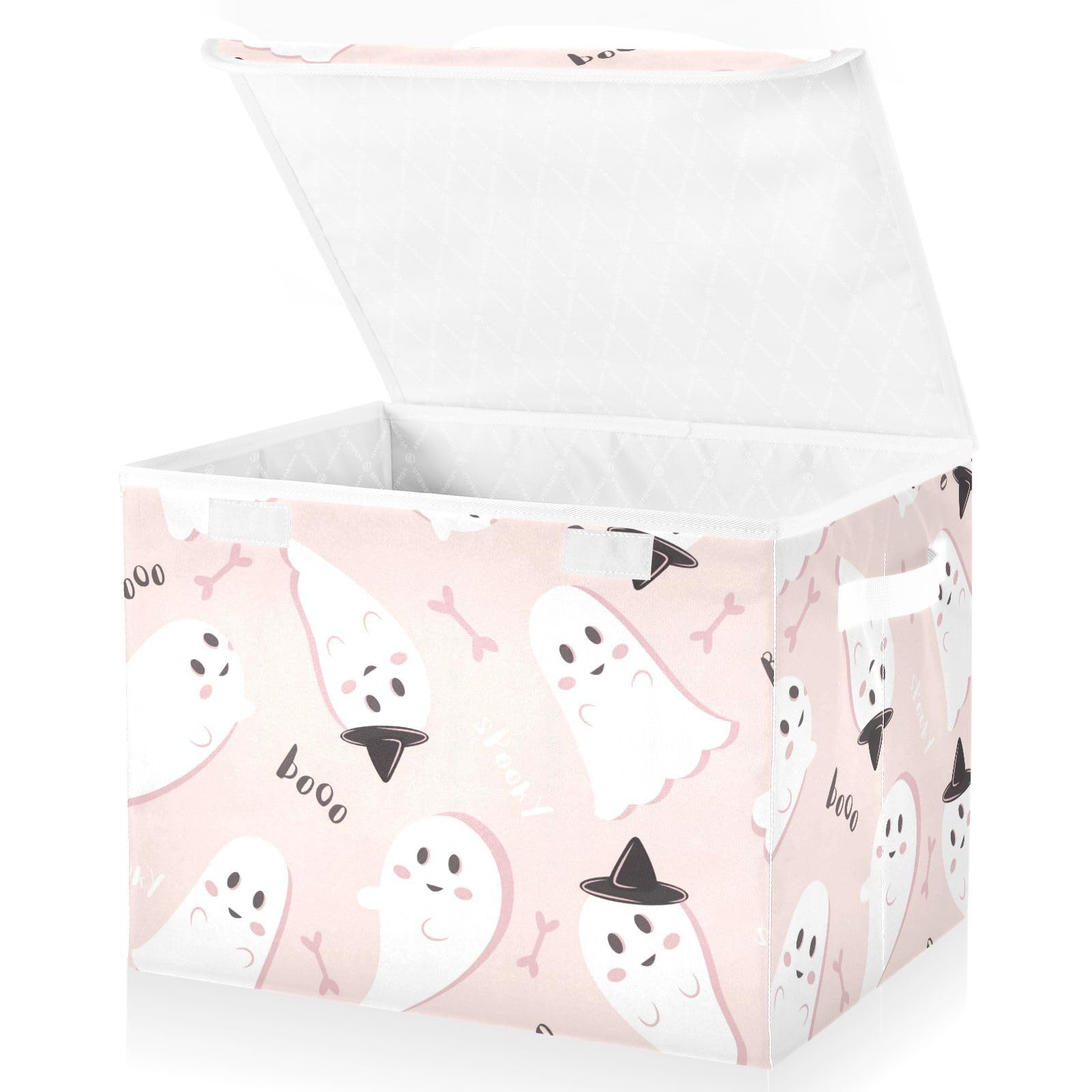 VIGTRO Cute Spooky Ghost Storage Bins with Lids Foldable Storage Boxes with 2 Handles, Pink Boo Halloween Decorative Storage Basket Collapsible for Clothes Books