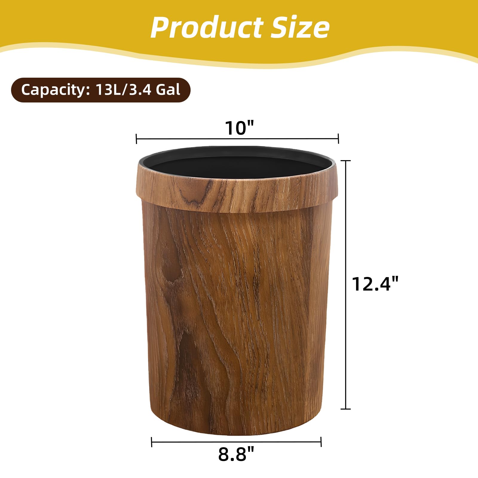 Wood Grain Plastic Trash Can Bedroom, Round 2-Pack, 3.4 Gal Farmhouse Wastebasket Bin Retro Style, Brown Trash Can for Room Aesthetic, Open Top Garbage Can for Office, Living Room, Hotel, Bathroom