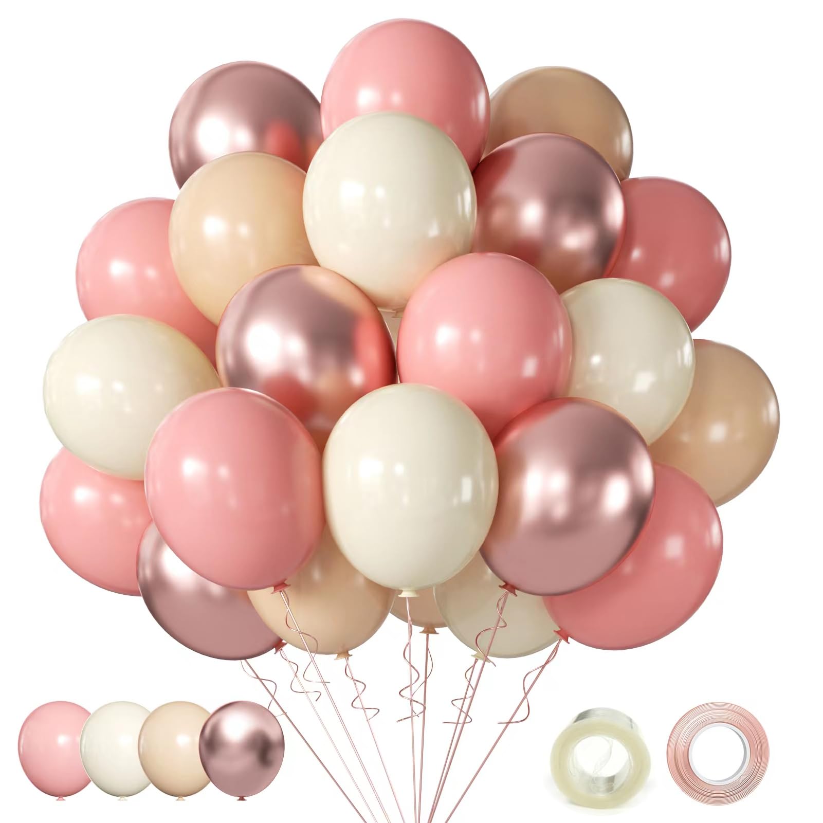 Retro Blush Pink Party Balloons, 60Pcs 12Inch Dusty Pink Metallic Chrome Rose Gold Balloons Beige Blush Latex Balloons for Birthday Wedding Baby Shower Party Decoration