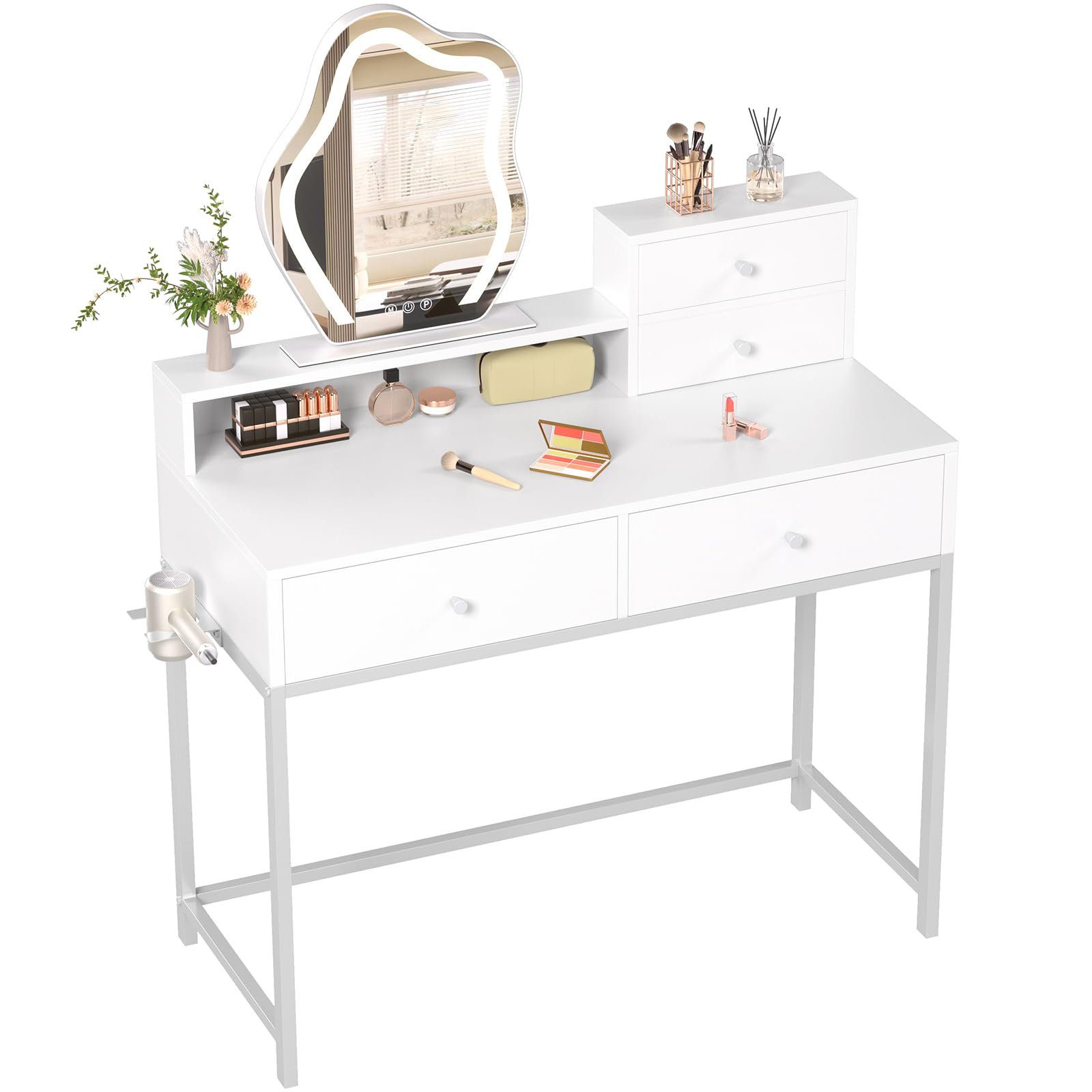 GreenForest White Vanity Desk with LED Lighted Mirror, 31 inch Makeup Vanity with 2 Drawers and Storage Shelves, Small Dressing Table for Women Girl Bedroom, Silver Grey