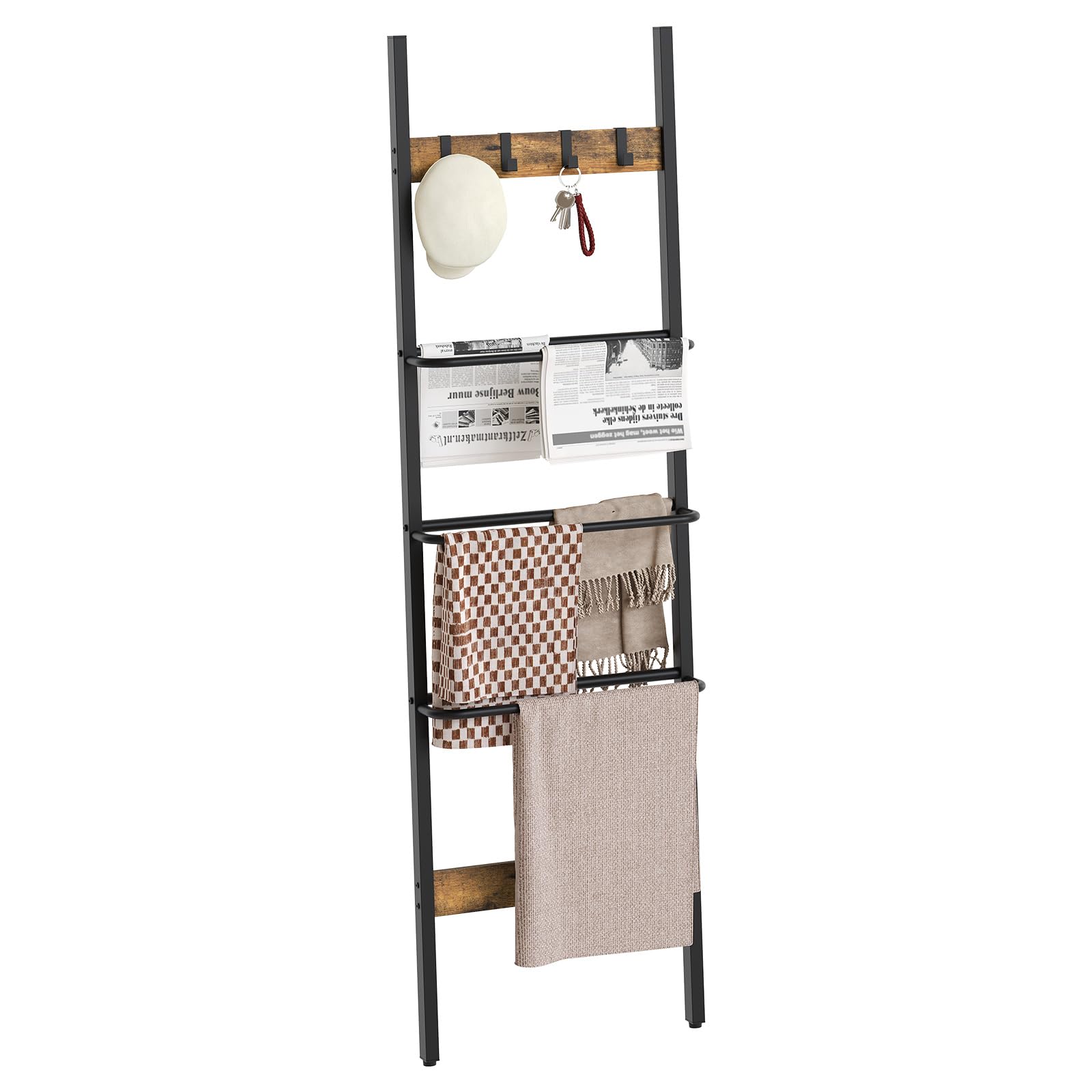 YATINEY Blanket Ladder, 5-Tier Towel Rack with 4 Removable Hooks, Wall-Leaning Blanket Holder, Decorative Display Ladder Shelf, Industrial, for Living Room, Rustic Brown and Black CJ01BR