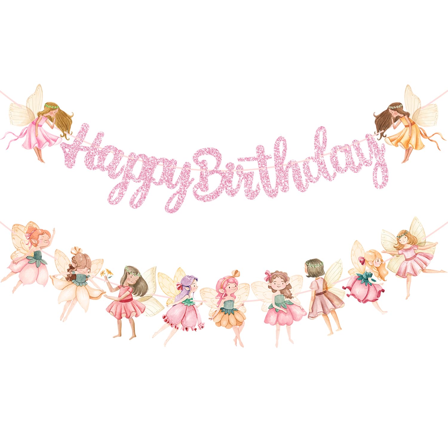 Fairy Birthday Party Banner Glitter Pink Fairies Birthday Party Decorations Fairy First Party Banners Fairy Birthday Cutout Banner for Fairy Garden Baby Shower Supplies