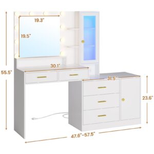 HAUOMS White Makeup Vanity with Lights Vanity Desk with Mirror, Large Vanity Table Set with Drawer Dresser, Charging Station & RGB Cabinets, Makeup Table with 5 Drawers and Storage Shelves, White