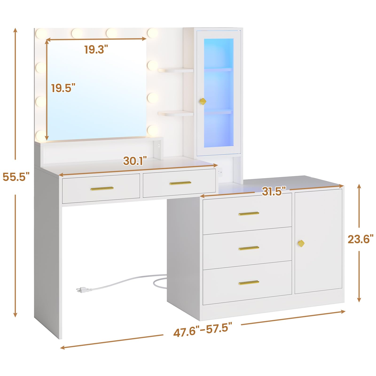 HAUOMS White Makeup Vanity with Lights Vanity Desk with Mirror, Large Vanity Table Set with Drawer Dresser, Charging Station & RGB Cabinets, Makeup Table with 5 Drawers and Storage Shelves, White