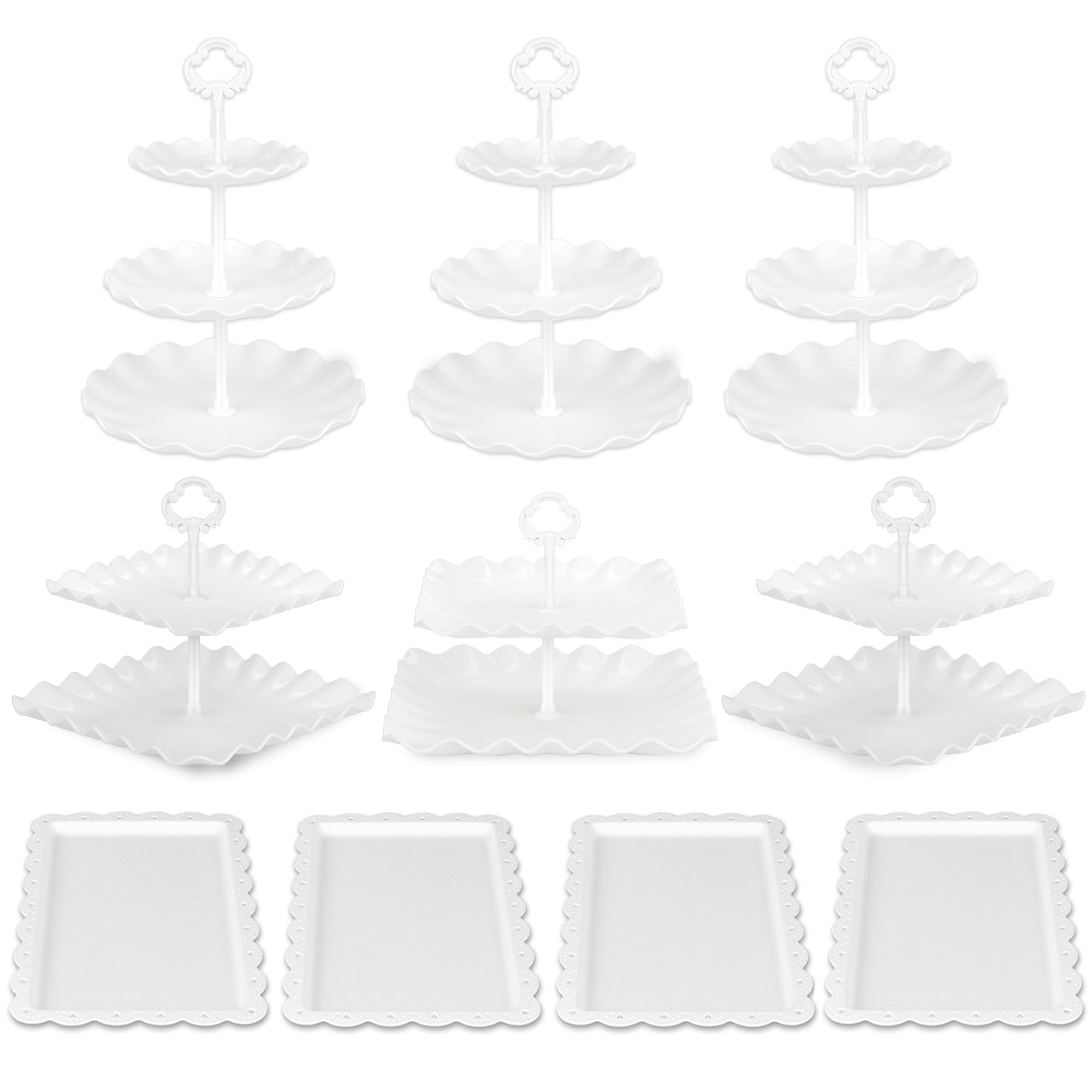 Pack of 10 NWK Cake Stand, Cupcake Stand, with 3 x Two-Tier Cupcake Stands, 3 x Three-Tier Cupcake Stands, 4 x Appetizer Trays, for Birthday Baby Bridal Shower Party (White)