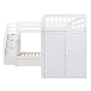 Merax L-Shaped Triple Bunk Bed with Desk & Stairs, Twin & Twin Over Full Bunk Bed for 3, Storage Drawers and Wardrobe Included, for Adults, Boys & Girls, White