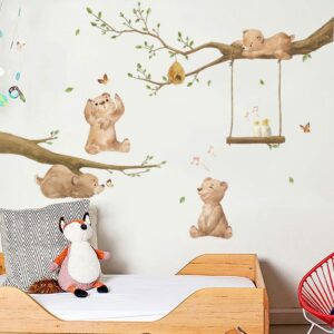 Runtoo Bear Wall Stickers Woodland Animal Tree Branch Wall Decals for Kids Bedroom Baby Nursery Home Decor