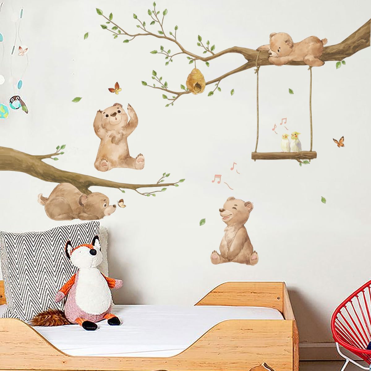 Runtoo Bear Wall Stickers Woodland Animal Tree Branch Wall Decals for Kids Bedroom Baby Nursery Home Decor