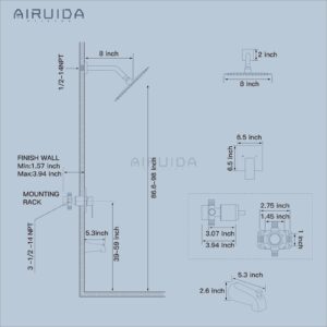 Airuida Shower Faucet Set with Tub Spout Bathtub Faucet Kit Complete Tub Shower Trim Kit with Solid Brass Rough-in Valve and 8 Inch Square Rainfall Showerhead Bent Shower Arm Matte Black