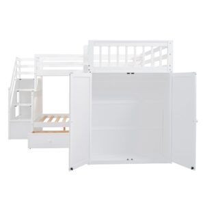 Merax L-Shaped Triple Bunk Bed with Desk & Stairs, Twin & Twin Over Full Bunk Bed for 3, Storage Drawers and Wardrobe Included, for Adults, Boys & Girls, White