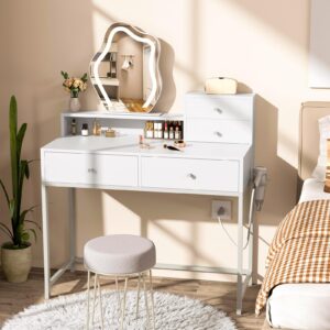 GreenForest White Vanity Desk with LED Lighted Mirror, 31 inch Makeup Vanity with 2 Drawers and Storage Shelves, Small Dressing Table for Women Girl Bedroom, Silver Grey