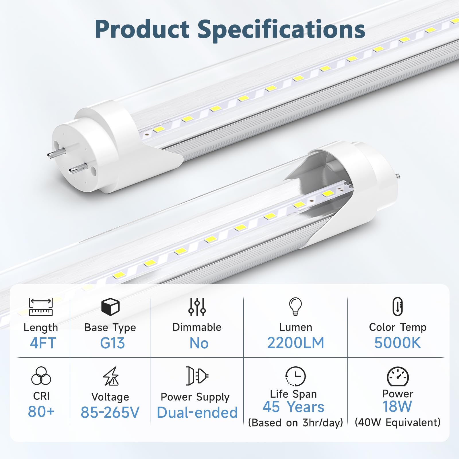 SHINESTAR 25-Pack T8 LED Bulbs 4 Foot, Ballast Bypass, Tube Lights 18W 2200LM, 5000K Daylight, T8 T10 T12 LED Replacement for Fluorescent Tubes, Dual-end, 2 pin G13 Base, Clear Cover