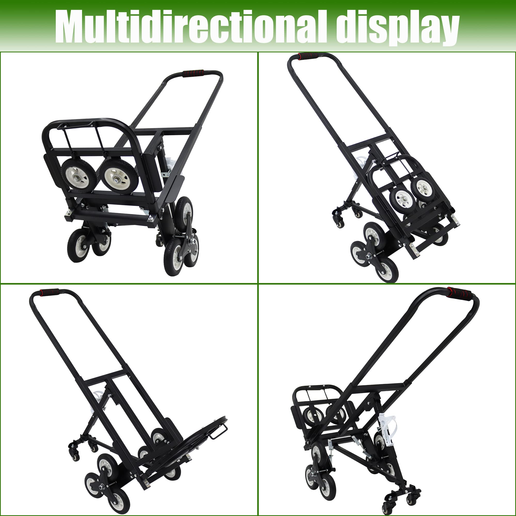 PreAsion Heavy Duty Stair Climber Hand Trucks Portable Folding Stair Climbing Dolly, 420 LBS Capacity Handcart Luggage Cart with 6 Wheels and 2 Backup Wheels Black-with 2 Casters