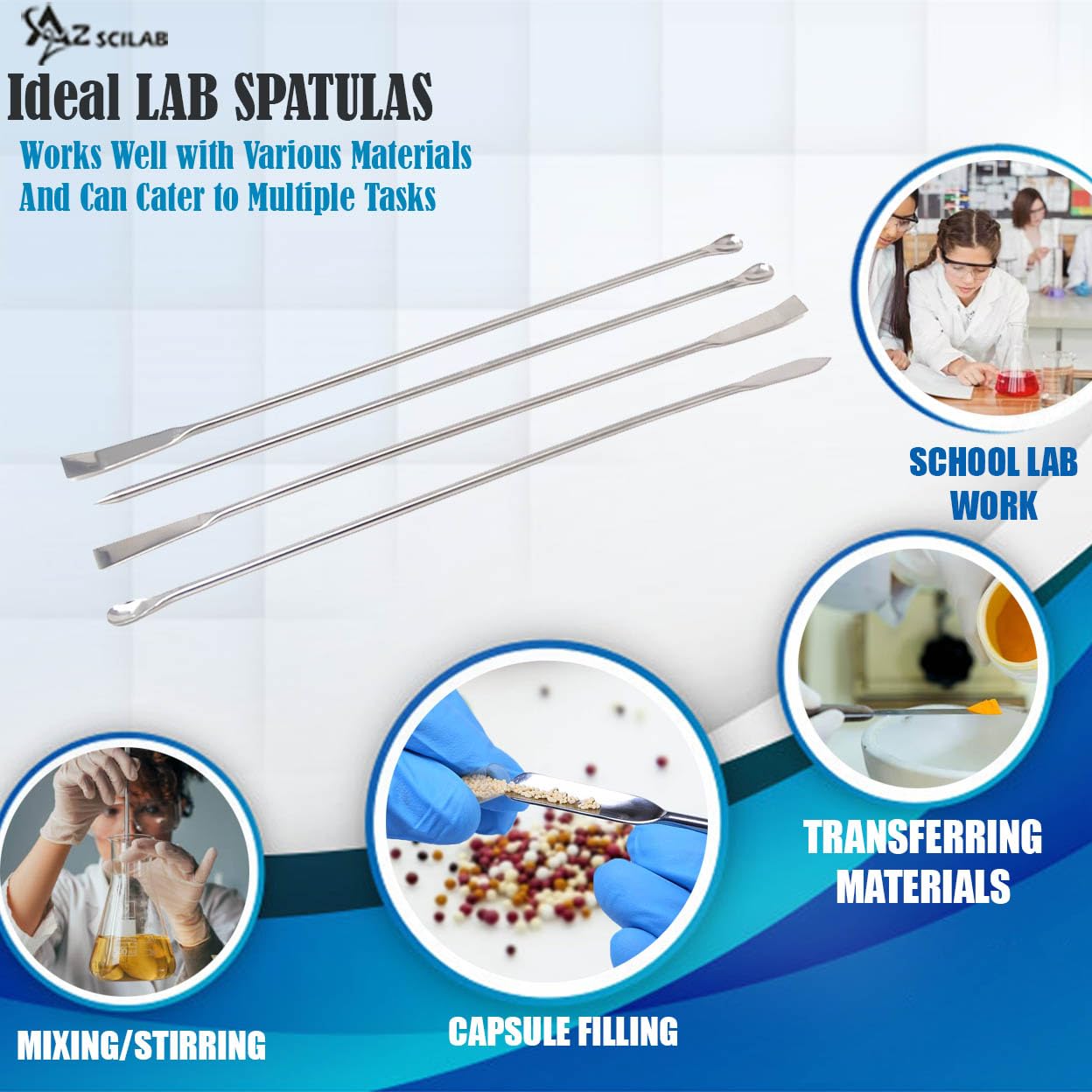 A2Z Scilab 4pc Stainless Steel Lab Spatula Micro Spoon Set, Double Ended Lab Mixing Reagent Spatulas - Long Sampling Spoon Scoop Tool Set Kit Laboratory Supplies for Experiments and Lab Use