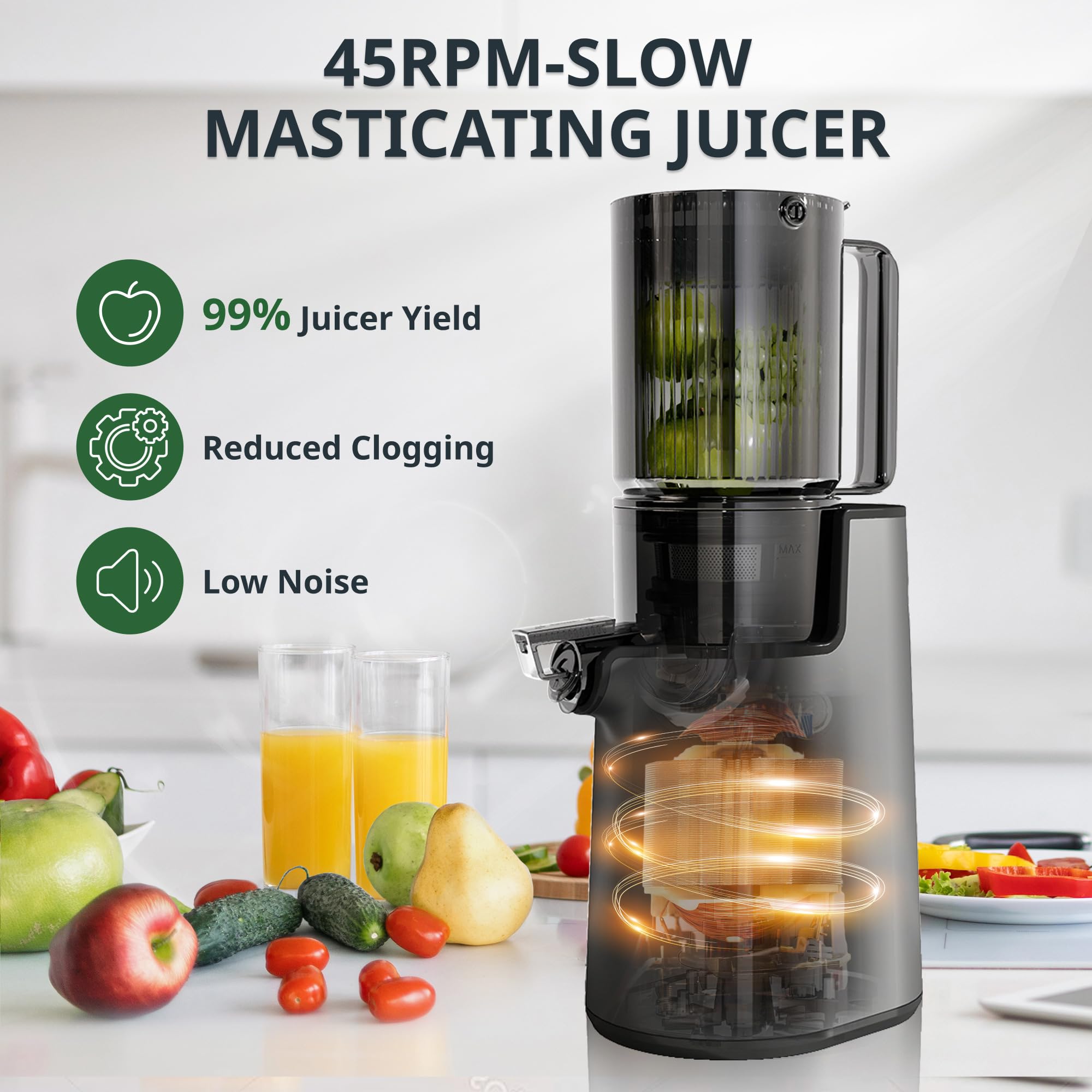 Larinest Slow Masticating Juicer Machines Cold Press Juicer Machines with 4" Wide Chute Pure Juicer Machine for Vegetables and Fruits,Reverse Function,NO BPA,JC01,Grey