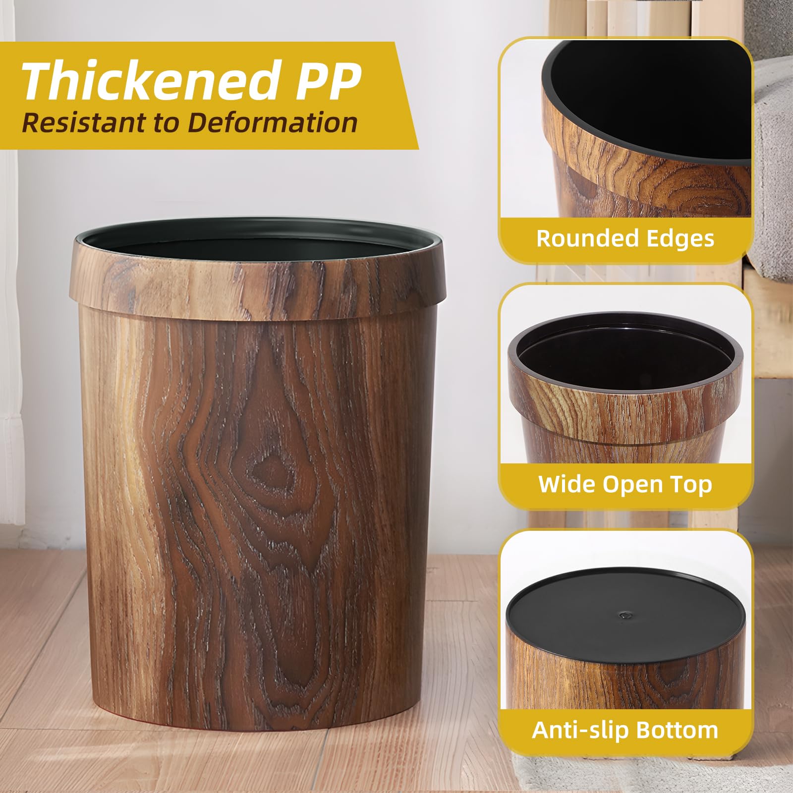 Wood Grain Plastic Trash Can Bedroom, Round 2-Pack, 3.4 Gal Farmhouse Wastebasket Bin Retro Style, Brown Trash Can for Room Aesthetic, Open Top Garbage Can for Office, Living Room, Hotel, Bathroom