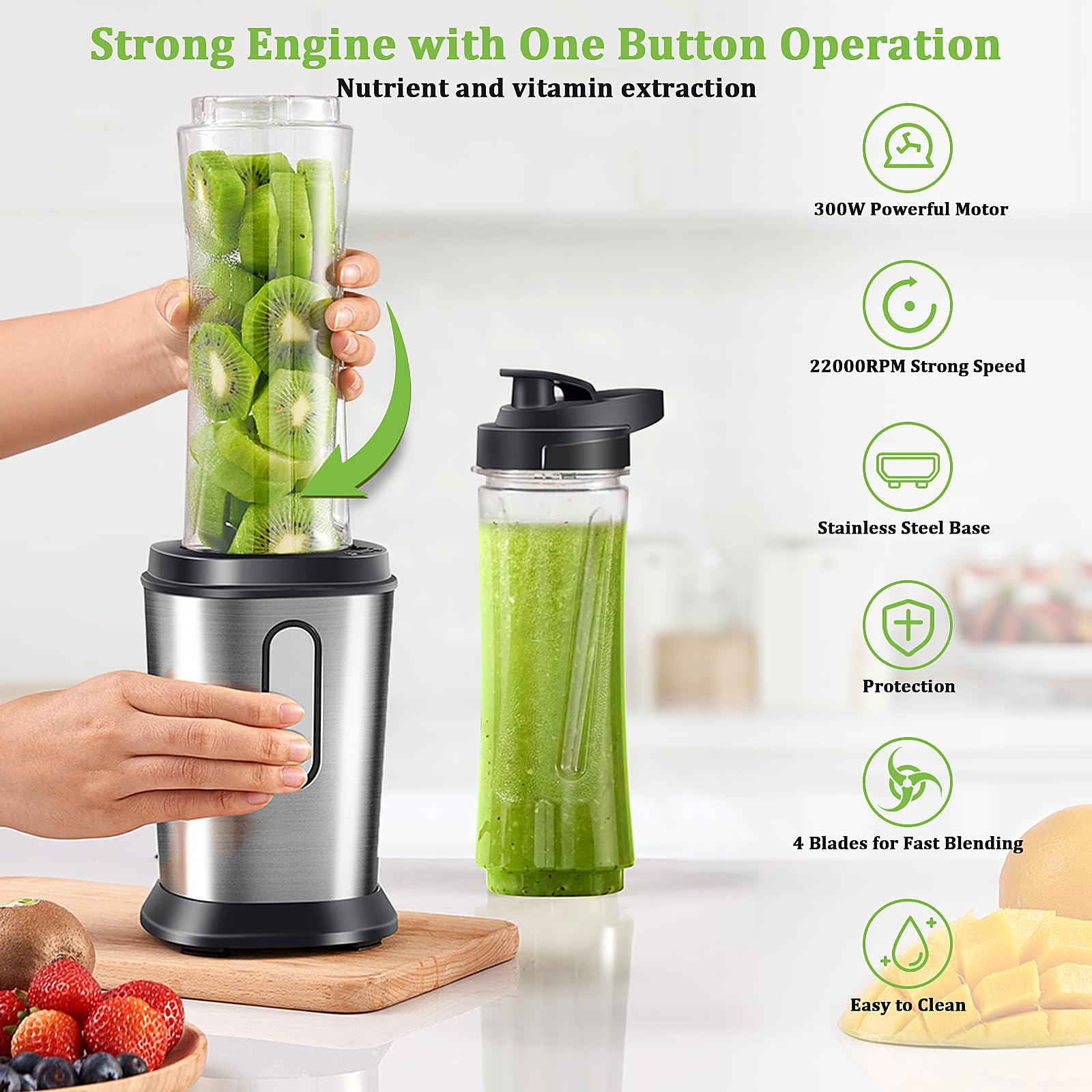 Upgrade Electric Smoothie Blender, Mini Small Personal Blender for Shakes & Smoothies, with 2 Portable 20oz Tritan Bottles, BPA-Free Juice Bullet Blender, 4 Powerful Blending Stainless Steel Blades