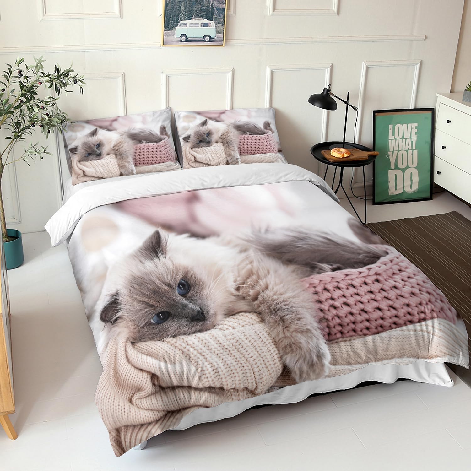 AILONEN Cat Duvet Covet Set Queen Size,Cat Bedding Sets for Girls,Kawaii Pet Animal Cat Lover Comforter Cover Set,3 Pieces, 1 Quilt Cover and 2 Pillowcases (No Comforter)