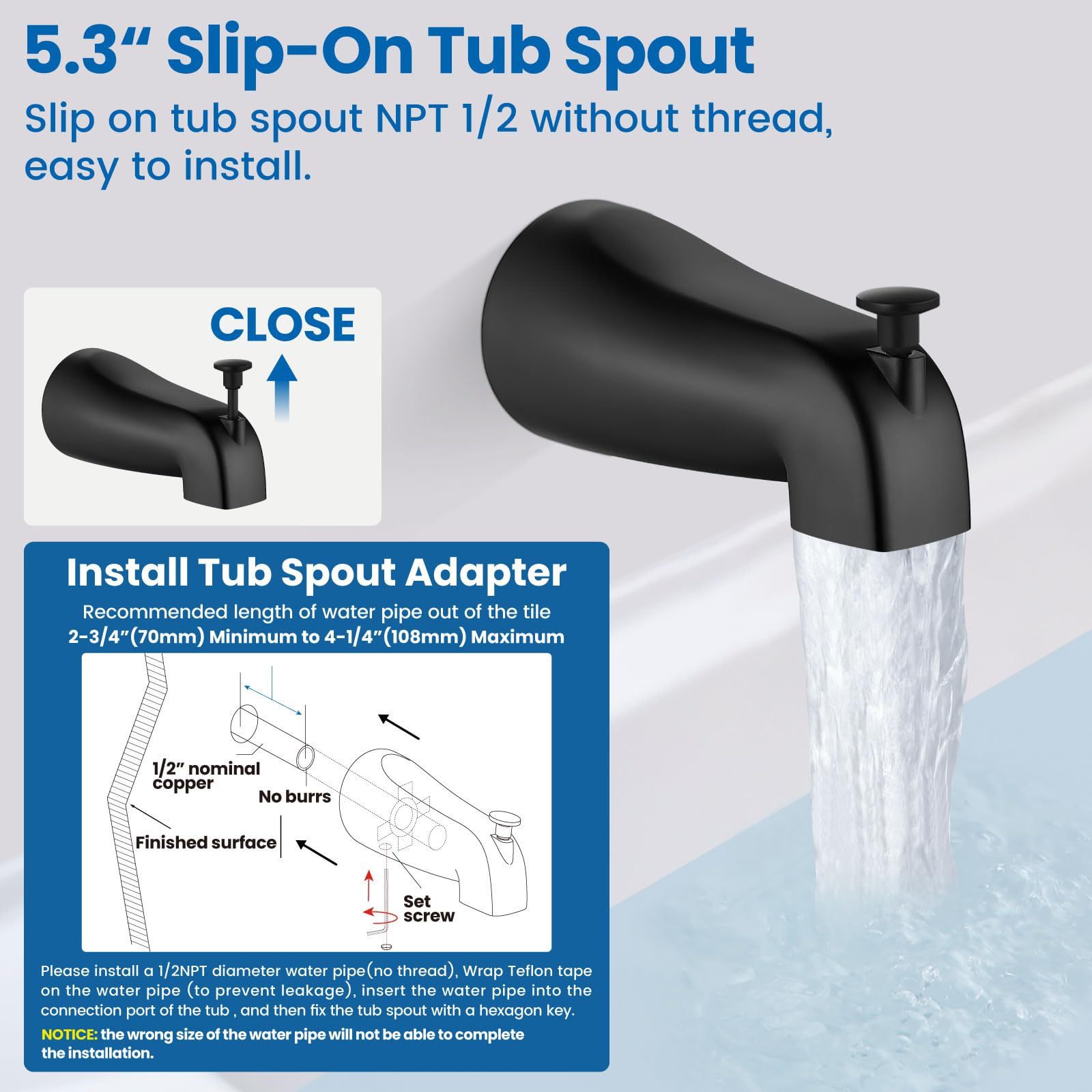 Airuida Shower Faucet Set with Tub Spout Bathtub Faucet Kit Complete Tub Shower Trim Kit with Solid Brass Rough-in Valve and 8 Inch Square Rainfall Showerhead Bent Shower Arm Matte Black