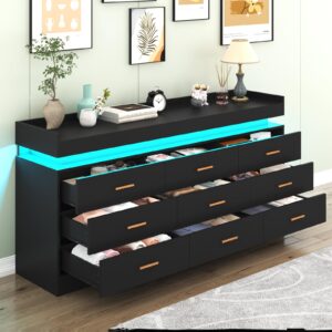 Hlivelood 9 Drawer Dresser with LED Light and Charging Station, Modern Chest of Drawers for Closet, Wide Drawer Organizer Cabinet for Bedroom, Living Room, Entryway, Hallway(9 Drawer Black)