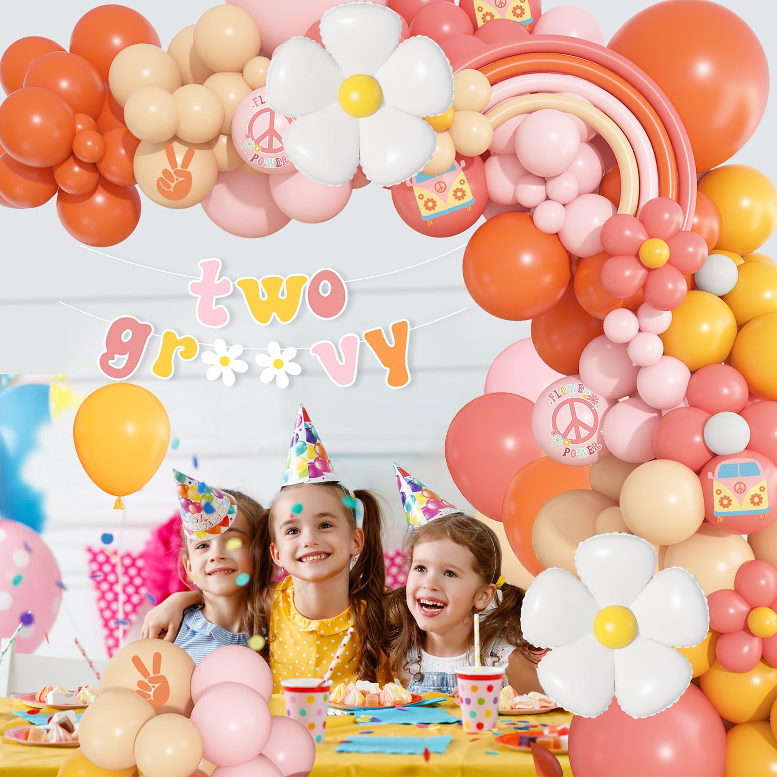 Ouddy Life 183Pcs Groovy Balloons Arch Garland Kit, Two Groovy Party Decorations Girl with Banner & Daisy Flowers Peace Victory Bus for Retro Hippie Groovy One Birthday Boho Baby Shower Favors