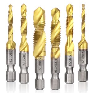 drill tap set, valkynos 6 packs titanium plated combination taps drill bit set, m3 m4 m5 m6 m8 m10 hex shank hss screw thread metric compound tap drill bits metal drilling