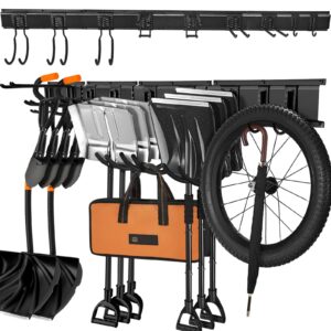 tool storage rack - garage tool organizer wall mount, 13pcs heavy duty garden tool organizer with 4 rails & 9 hooks for garage garden shed yard, 64in adjustable garage storage rack, max load 600 lb