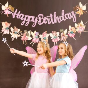 Fairy Birthday Party Banner Glitter Pink Fairies Birthday Party Decorations Fairy First Party Banners Fairy Birthday Cutout Banner for Fairy Garden Baby Shower Supplies