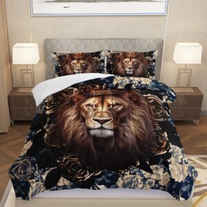 ailonen 3d lion king comforter set queen size, 3d gold rose bedding set,african safari animals fitted bed in a bag for kids teens,crown lion duvet set,1 quilt and 2 pillowcases,3 pcs