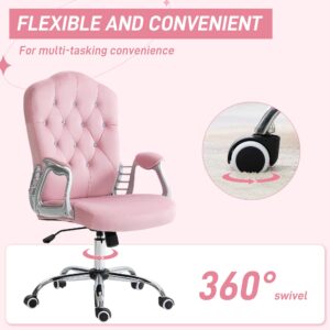 Vinsetto Home Office Chair, Velvet Computer Chair, Button Tufted Desk Chair with Swivel Wheels, Adjustable Height, and Tilt Function, Pink