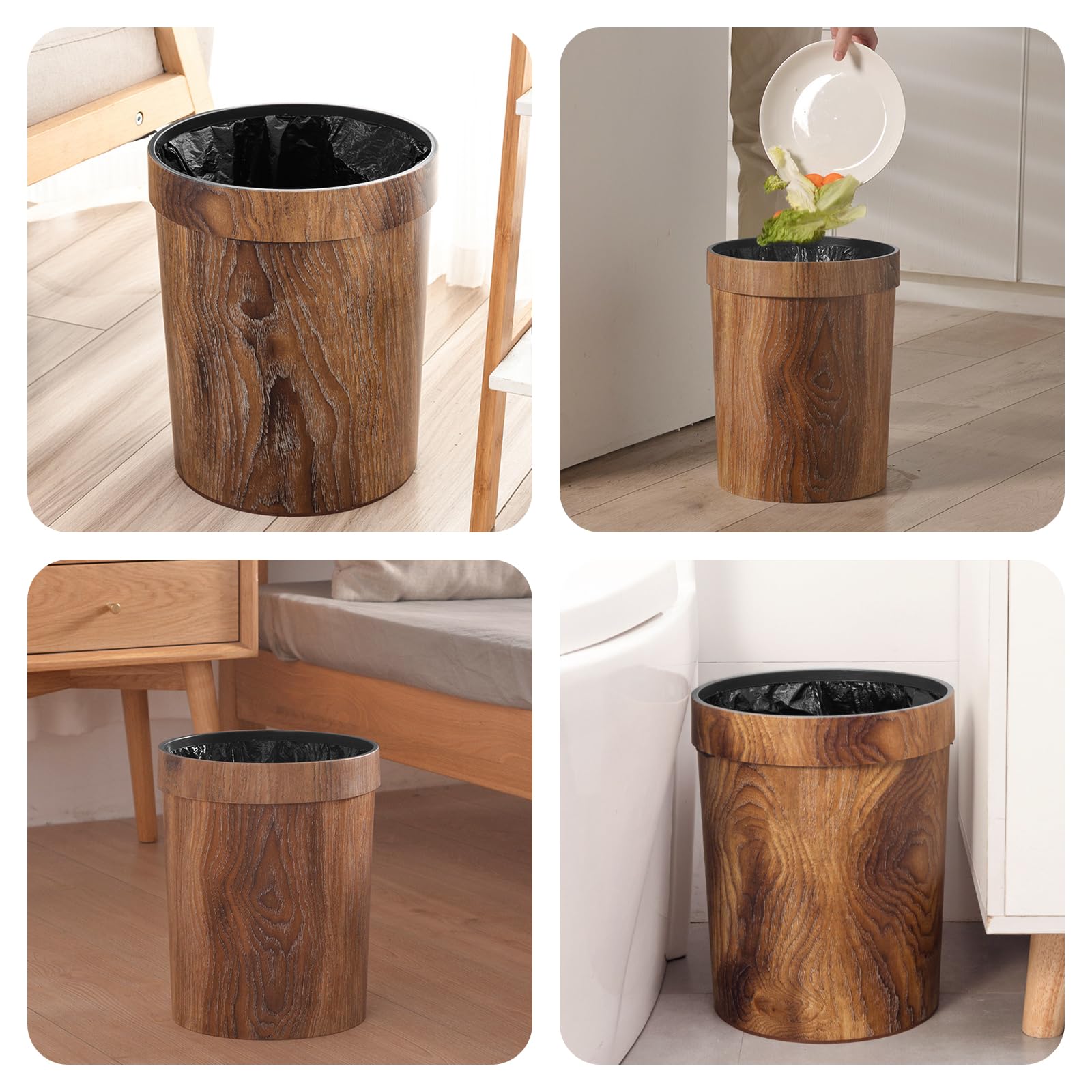 Wood Grain Plastic Trash Can Bedroom, Round 2-Pack, 3.4 Gal Farmhouse Wastebasket Bin Retro Style, Brown Trash Can for Room Aesthetic, Open Top Garbage Can for Office, Living Room, Hotel, Bathroom