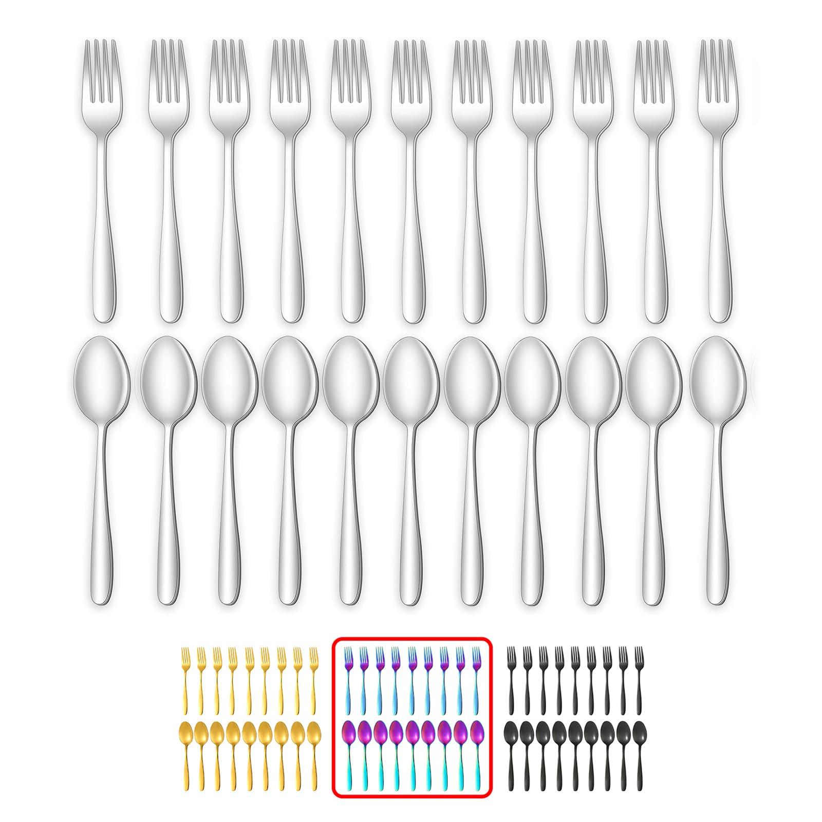 24-piece Rainbow Forks and Spoons Silverware Set, Food Grade Stainless Steel Flatware Cutlery Set for Home, Kitchen and Restaurant, Spoons and Forks Set, Rainbow Dinner forks Mirror Polished (Rainbow)