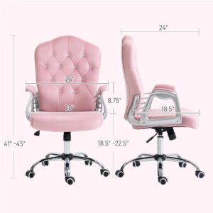 Vinsetto Home Office Chair, Velvet Computer Chair, Button Tufted Desk Chair with Swivel Wheels, Adjustable Height, and Tilt Function, Pink