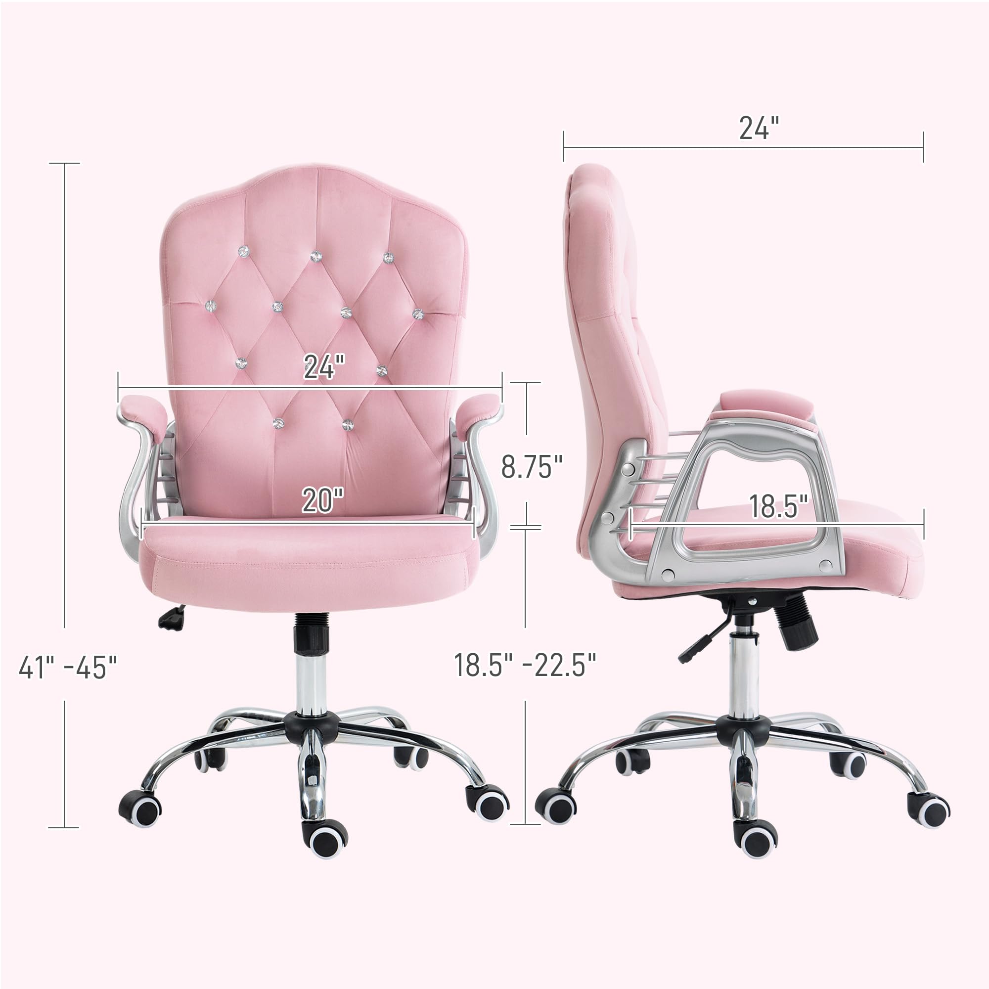 Vinsetto Home Office Chair, Velvet Computer Chair, Button Tufted Desk Chair with Swivel Wheels, Adjustable Height, and Tilt Function, Pink