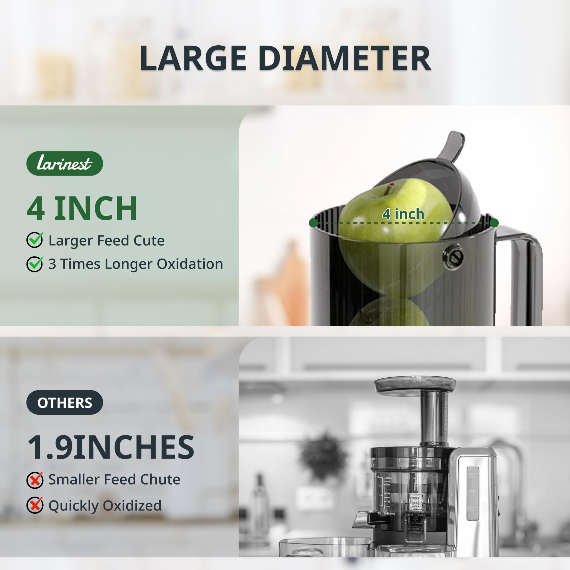 Larinest Slow Masticating Juicer Machines Cold Press Juicer Machines with 4" Wide Chute Pure Juicer Machine for Vegetables and Fruits,Reverse Function,NO BPA,JC01,Grey