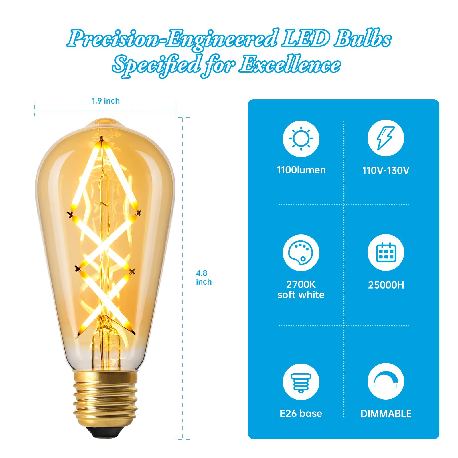 Brighfivey Light Bulbs 100+ Watt Equivalent, LED 10 Watt Light Bulb, 1100 Lumen 100 Watt LED Bulb, 2700K Soft White E26 Standard Base Edison Bulbs 100 Watt LED, ST19 Amber Vintage Light Bulb, 6 Pack