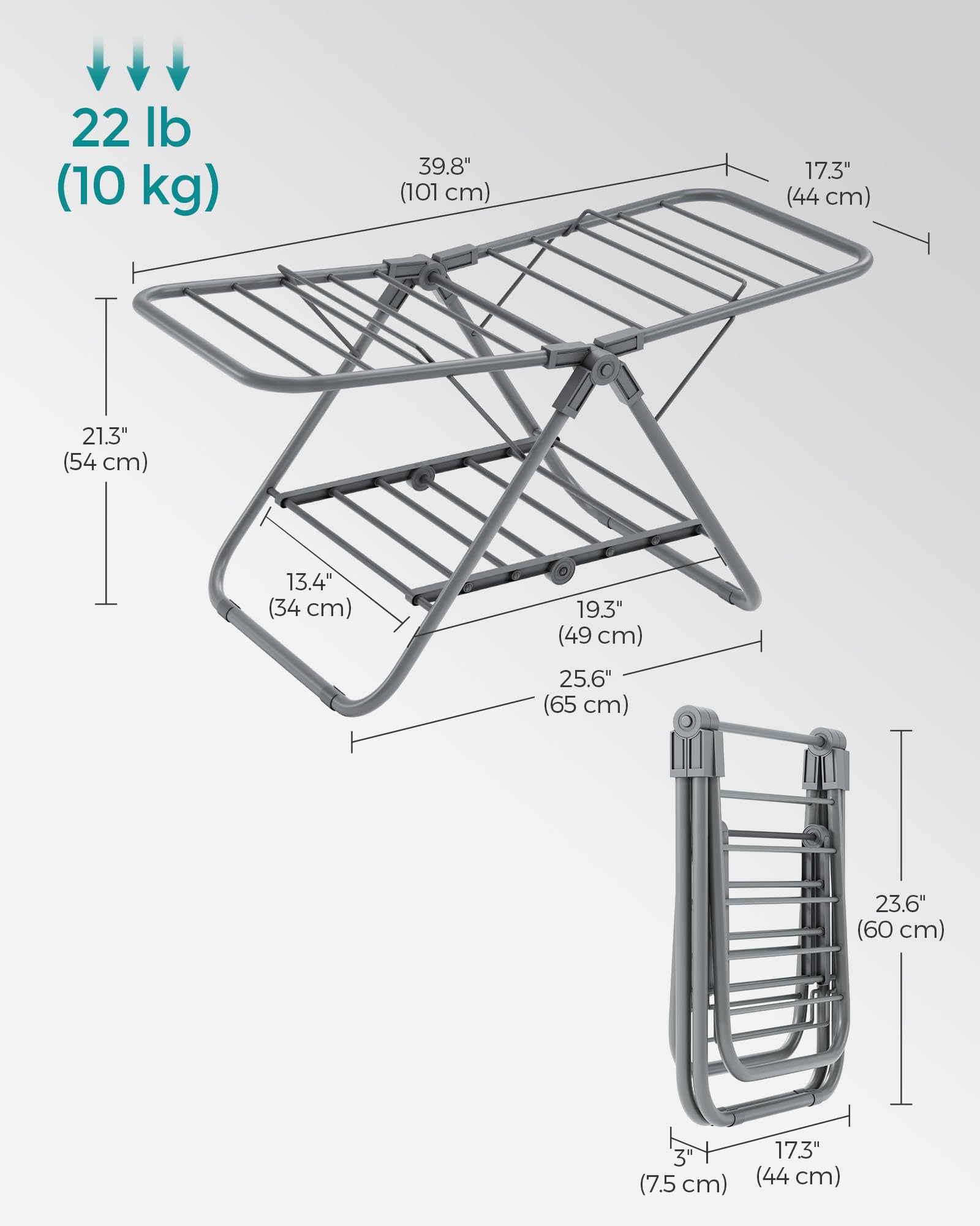 SONGMICS Small Clothes Drying Rack, Foldable 2-Level Laundry Drying Rack, Space-Saving, for Small Clothes, Towels, Bathroom, Balcony, 17.3 x 39.8 x 19.7 Inches, Dove Gray ULLR504G01