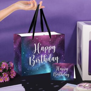 Space Galaxy Birthday Gift Bags, Large Purple Space Galaxy Happy Birthday Party Favor Bags with Greeting Card and Tissue Wrapping Paper for Men Women Kids Adults Anniversary Birthday Party Supplies