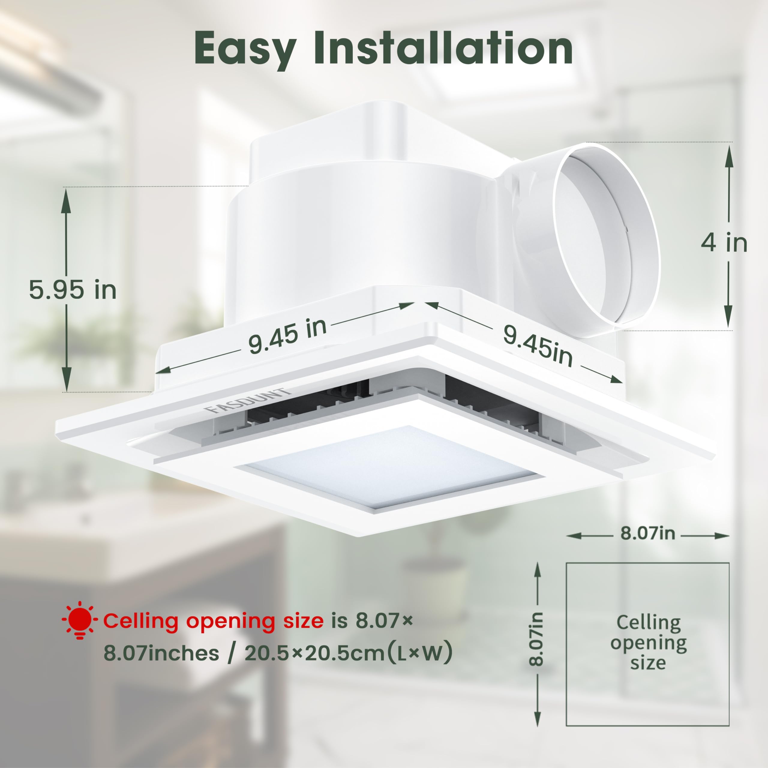 FASDUNT Bathroom Exhaust Fan with Light, 12W Bathroom Fan with LED Light Combo, 120 CFM 1.0 Sones Quiet Bathroom Vent Fan with Light Combo 5000K for Home Bath Office Hotel