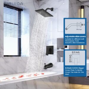 Airuida Shower Faucet Set with Tub Spout Bathtub Faucet Kit Complete Tub Shower Trim Kit with Solid Brass Rough-in Valve and 8 Inch Square Rainfall Showerhead Bent Shower Arm Matte Black