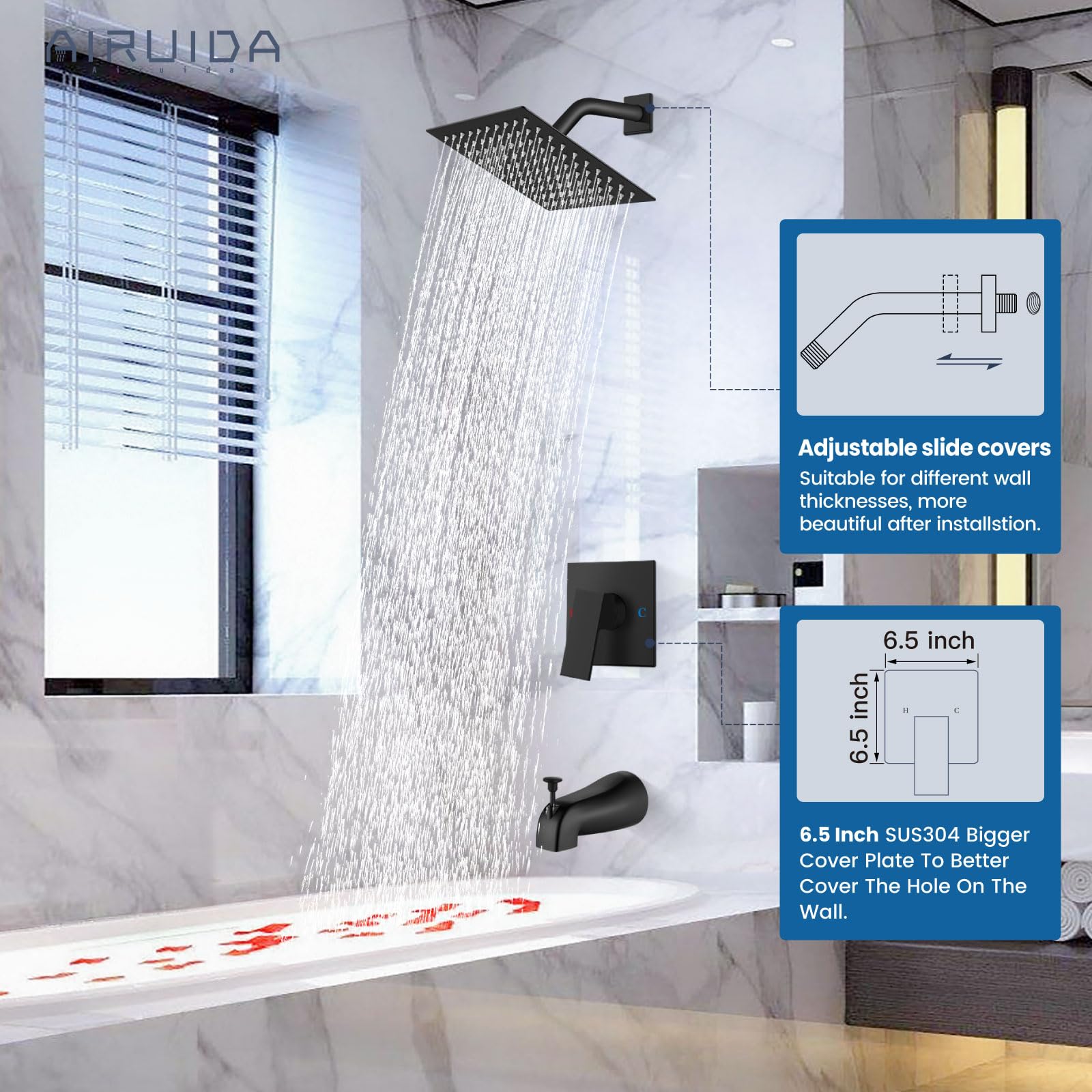 Airuida Shower Faucet Set with Tub Spout Bathtub Faucet Kit Complete Tub Shower Trim Kit with Solid Brass Rough-in Valve and 8 Inch Square Rainfall Showerhead Bent Shower Arm Matte Black